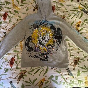 Ed Hardy Graphic Skull Hoodie in Gray